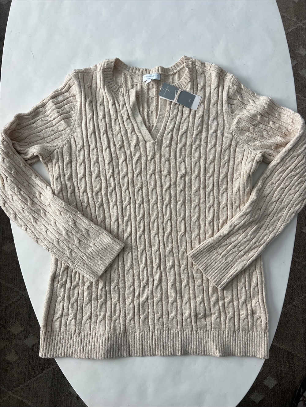 NWT Vintage Charter Club Cable Knit Cream Metallic Crew V Neck Sweater 1X